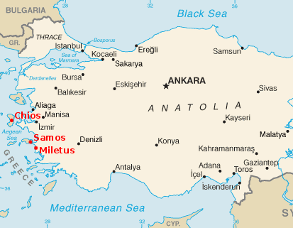 [Map of modern Turkey with the locations of ancient Samos, Miletus, and Chios highlighted]